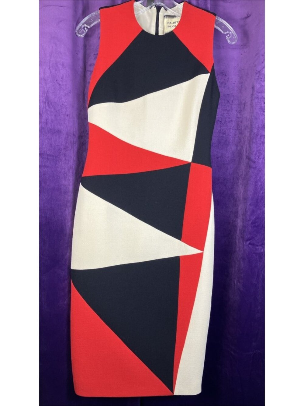 38 IT Fausto Puglisi  Art Deco Color block Wool Cocktail Dress Red Cream Black